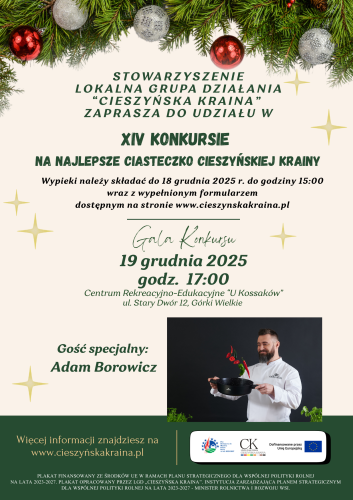 Plakat informujący o konkursie na najlepsze ciasteczko Cieszyńskiej Krainy 2025
